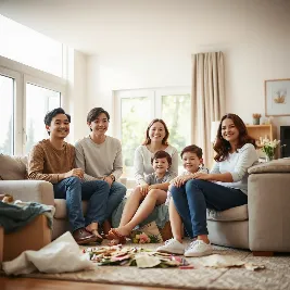 Smiling family enjoying a clean living room after rubbish removal